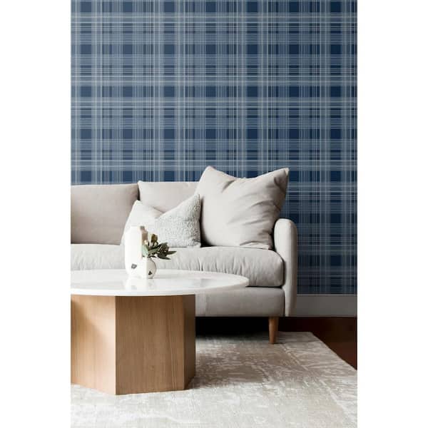 30.75 sq. ft. Denim Blue Rad Plaid Vinyl Peel and Stick Wallpaper Roll