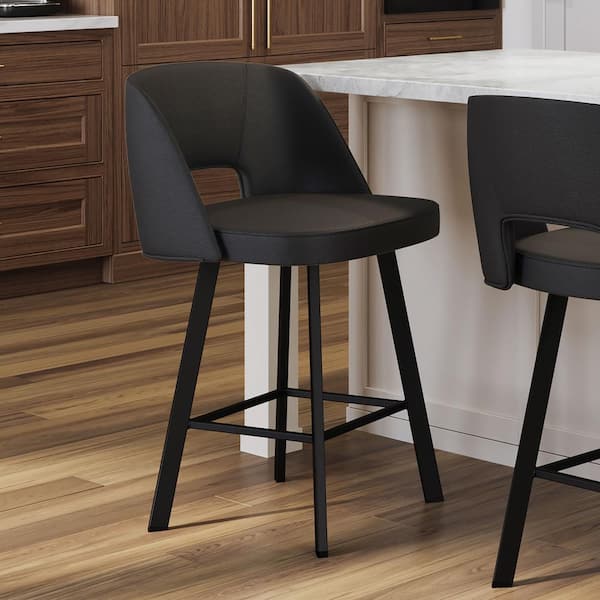 Maureen 26.38 in. Black Faux Leather / Black Metal Swivel Counter Stool