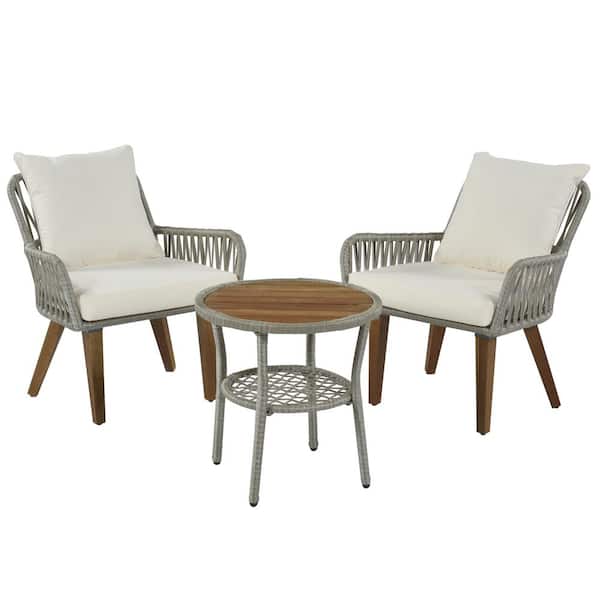 TIRAMISUBEST 3-Piece Aluminium Bistro Set Conversation Set with Wood Tabletop and Beige Cushions