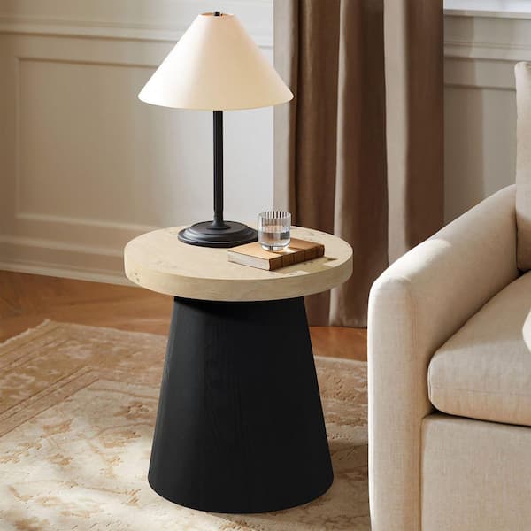 17.7 in. Light Wood Finish Top with Black Base Manufactured Wood Round Side Table