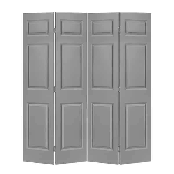CALHOME 60 in. x 80 in. 6 Panel Light Gray Painted MDF Composite Bi-Fold Double Closet Door with Hardware Kit