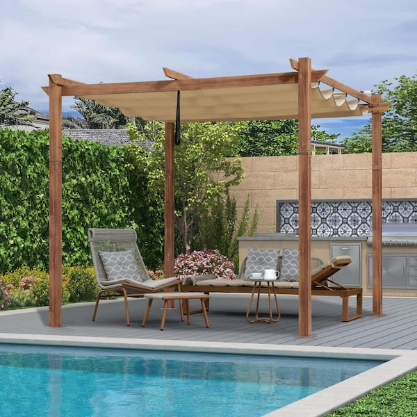 10 ft. x 10 ft. Natural Wood Grain Aluminum Pergola Gazebo with Beige Retractable Sunshade Canopy and Extra Top Roof
