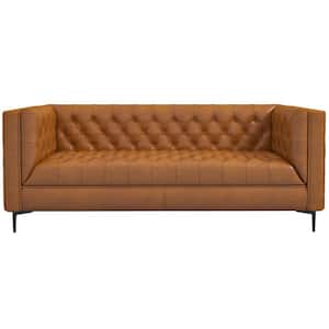 Hector 88 in. W Square Arm Modern Chesterfield Genuine Leather Sofa in Brown Cognac Tan