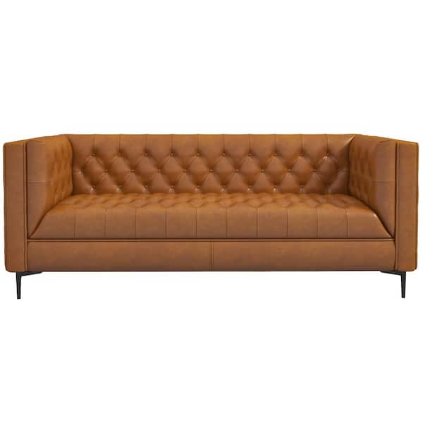 Ashcroft Furniture Co Hector 88 in. W Square Arm Modern Chesterfield Genuine Leather Sofa in Brown Cognac Tan