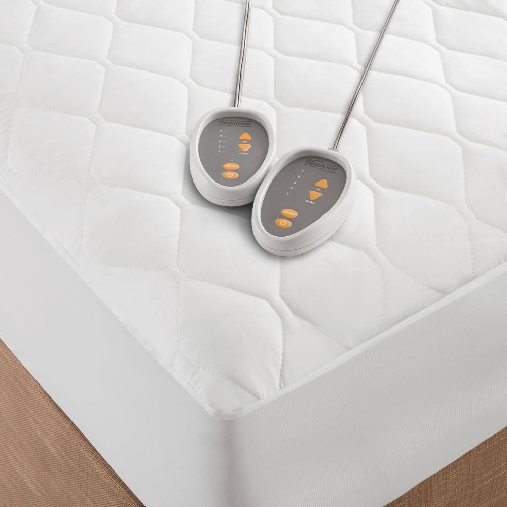 Queen White Heated Microfiber Mattress Pad with 3M Scotchgard