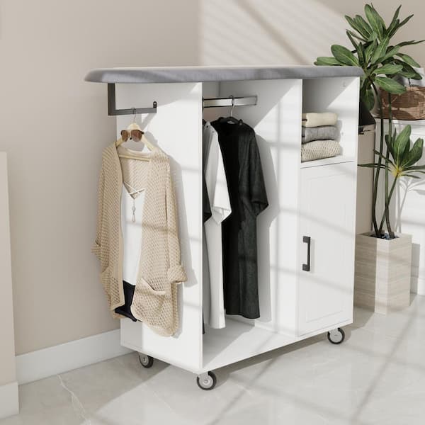 Mighty White Wood 40.6 in. Multipurpose Ironing Cabinet with Wheels, 1 Door and 2 Shelves