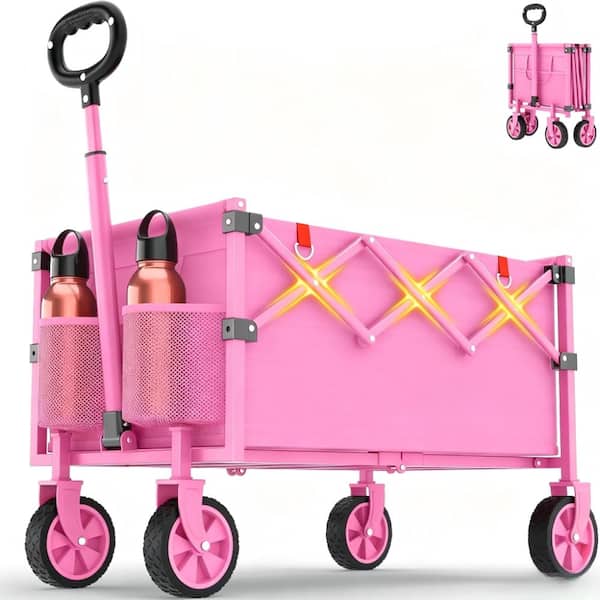 100L Foldable Utility Wagon Cart, Lightweight Portable Shopping Cart with Wheels, Heavy Duty Pink