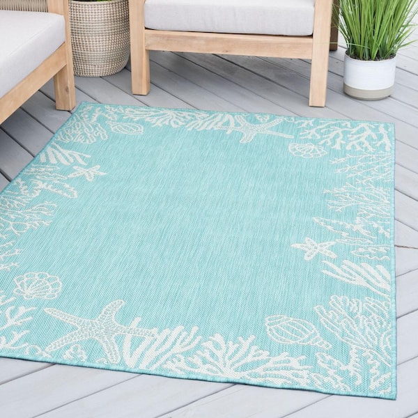 Tayse Rugs Eco Coastal Aqua 8 ft. x 10 ft. Indoor/Outdoor Area Rug