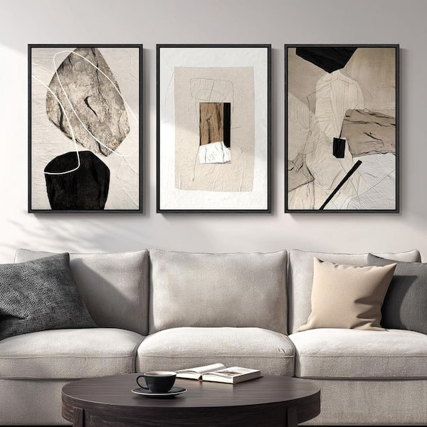 3 Piece Large Framed Neutral Abstract Wall Art Poster, Minimalist Black Beige Pictures, 30 in. x 20 in
