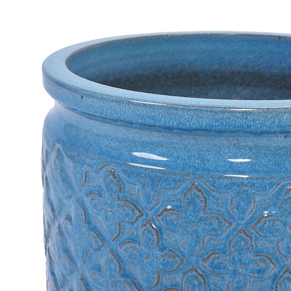Large Antique Blue Ceramic Outdoor Planter Flowerpot with Drainage