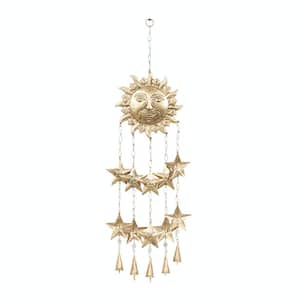 35 in. Gold Metal Sun and Star Indoor Outdoor Windchime with Glass Beads and Cone Bells