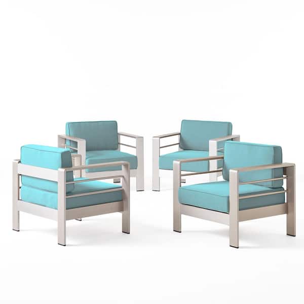 Noble House Cape Coral Silver Armed Metal Outdoor Lounge Chairs with Canvas Aruba Sunbrella Cushions (4-Pack)