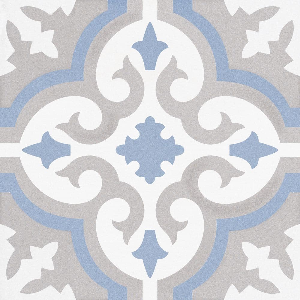 Bliss Revival Blue/Tan/White 8 in. x 8 in. Porcelain Matte European Floor a