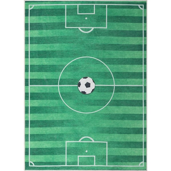 Soccer Field Modern Kids Green 5 ft. x 7 ft. Machine Washable Flat-Weave Area Rug