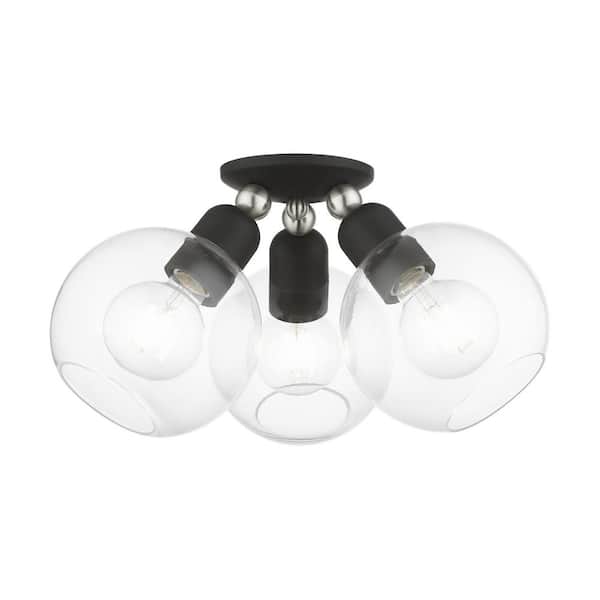 AVIANCE LIGHTING Westridge 16 in. 3-Light Black Semi-Flush Mount with Clear Sphere Glass