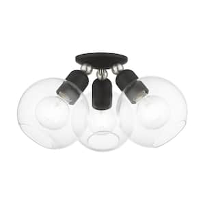 Downtown 16 in. 3-Light Black Semi-Flush Mount with Clear Sphere Glass