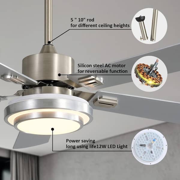 Jushua 52 in. Brushed Nickel LED Indoor Ceiling Fan with Light and 