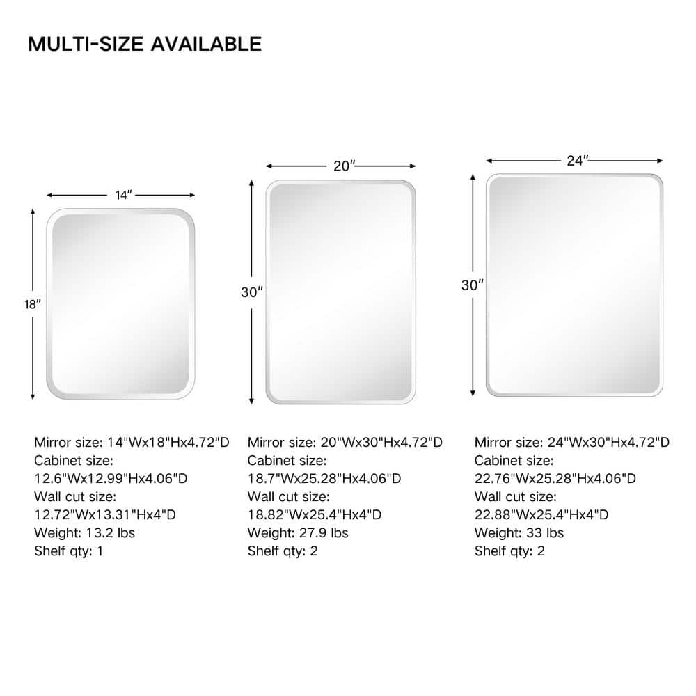 White Frameless Rectangular Medicine Cabinet with Mirror, 20 x 30 inches