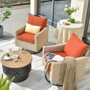 Oconee 3-Piece Wicker Patio Conversation Swivel Rocking Chair Set with a Wood-burning Fire Pit and Orange Red Cushions