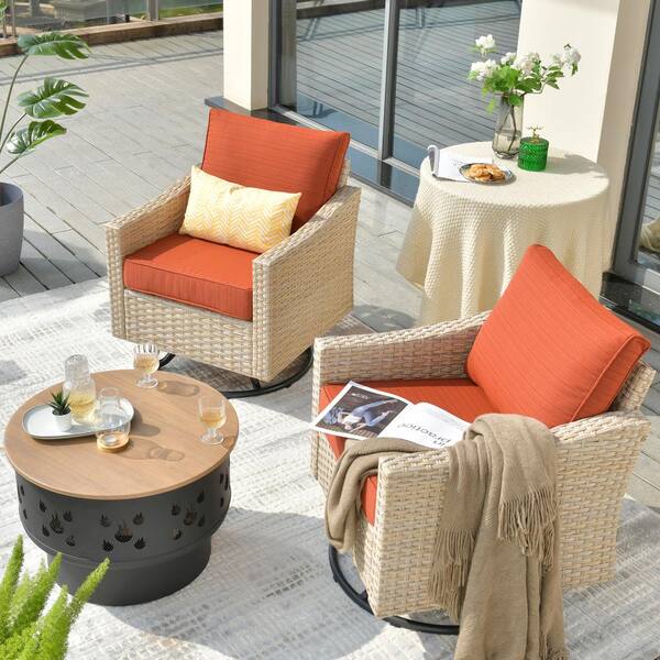 HOOOWOOO Oconee 3-Piece Wicker Patio Conversation Swivel Rocking Chair Set with a Wood-burning Fire Pit and Orange Red Cushions