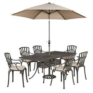 Grenada Taupe Tan 7-Piece Cast Aluminum Rectangular Outdoor Dining Set with Umbrella with Natural Tan Cushions