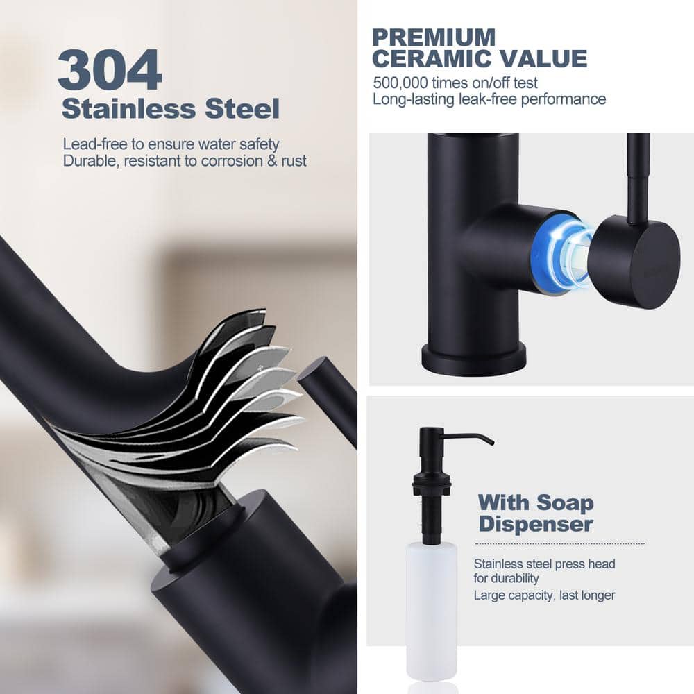 Matte Black Single Handle High-Arc Kitchen Faucet with Soap Dispenser