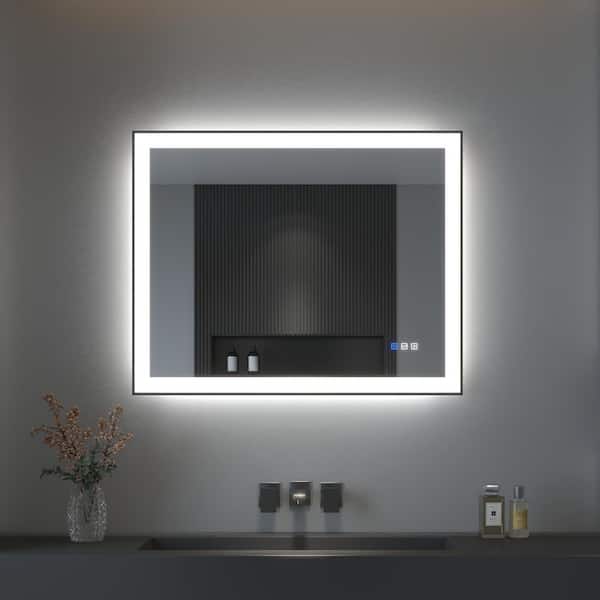 TOOLKISS 40 in. W x 32 in. H Rectangular Framed LED Anti-Fog Wall Bathroom Vanity Mirror in Black with Backlit and Front Light