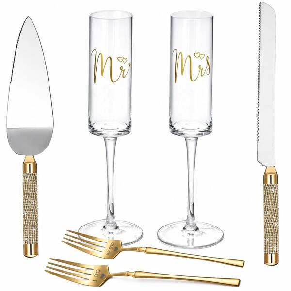 Wedding Cake Knife and Server Set with Champagne Flutes 420 Stainless Steel Rhinestone Handle Mr and Mrs