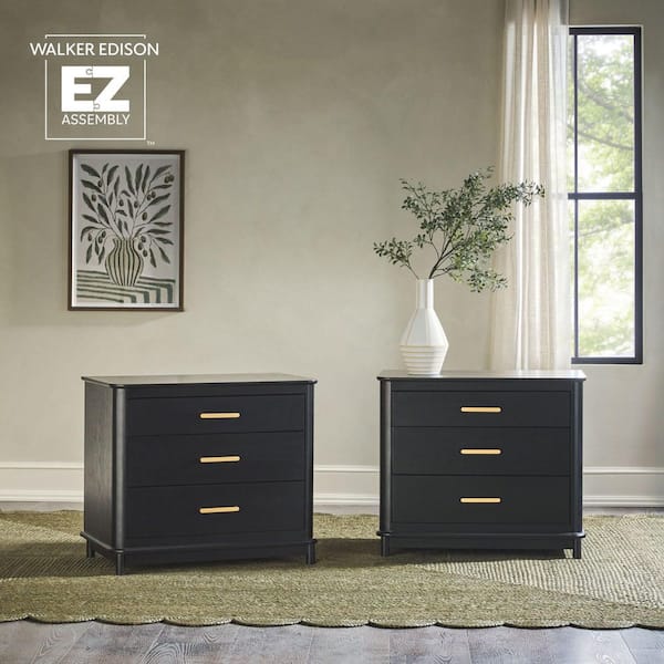 Walker Edison Furniture Company Contemporary Black 3-Drawer 30.25 in. W Solid Wood Nightstand with Curved Edge, Set of 2