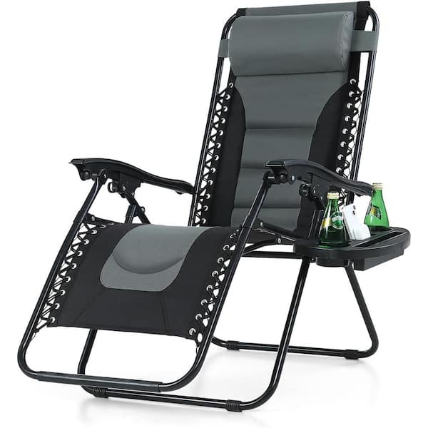 Unbranded Padded Zero Gravity Foldable Metal Outdoor Lounge Recliner Chair with Pillow and Cup Holder in Grey