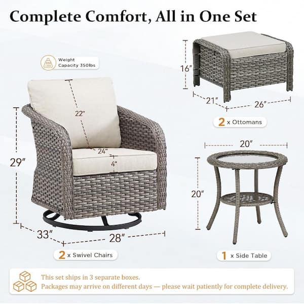 NestBarrel Light Gray Wicker Swivel Chair Patio Conversation Set with Olefin Beige 4 in. Thick Cushions (5-Piece)