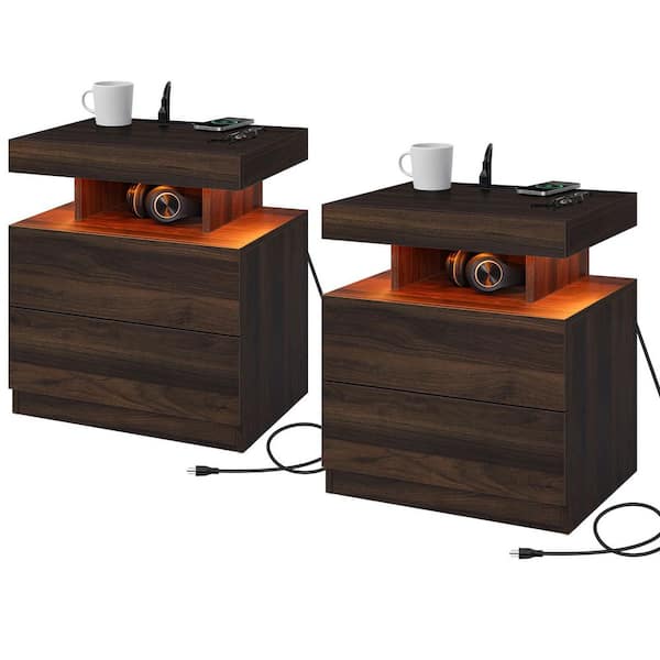 Modern Walnut 2-Drawers 19.7 in. W x 22.83 in. H x 15.8 in. D Nightstand with Wireless Charger and LED Light (Set of 2)