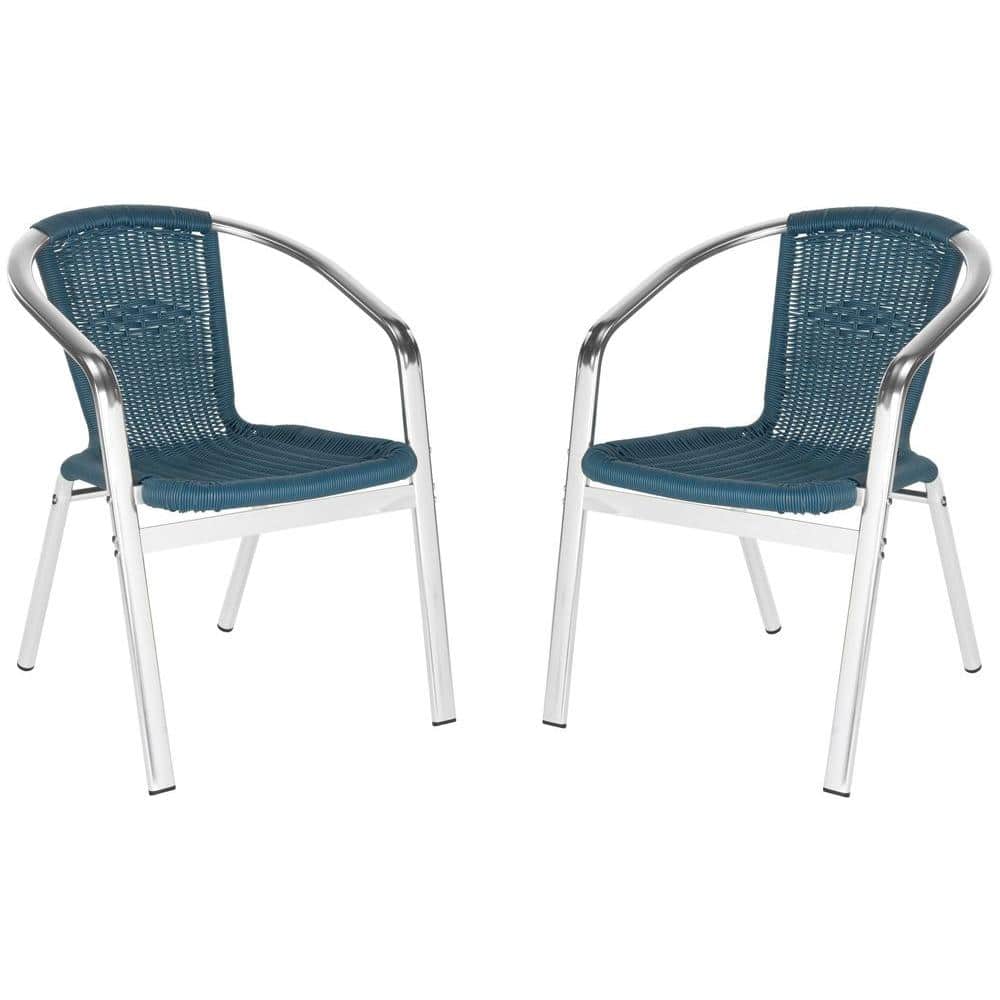 Teal Wicker and Aluminum Stackable Arm Chairs, Set of 2