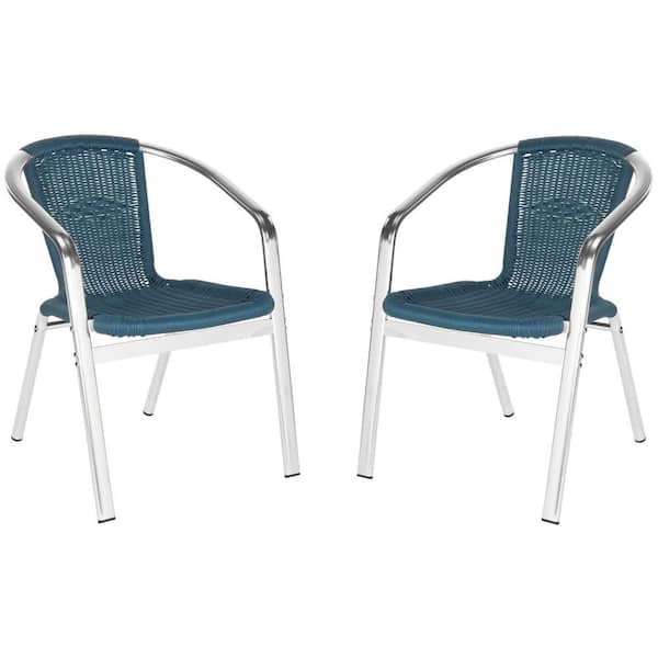 SAFAVIEH Wrangell Teal Stackable Aluminum/Wicker Outdoor Dining Chair (2-Pack)