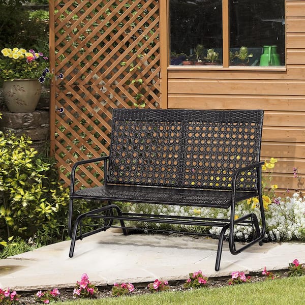 2-Person Metal Outdoor Glider Bench Rocking Chair, All-Hand Woven PE Rattan Loveseat with Ergonomic Design in Black