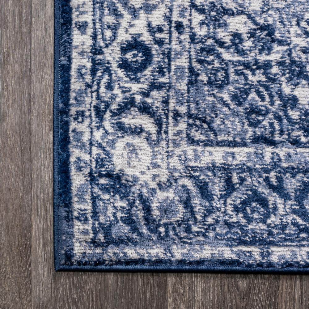 Handmade Rectangular Dark Blue/Ivory Synthetic Area Rug