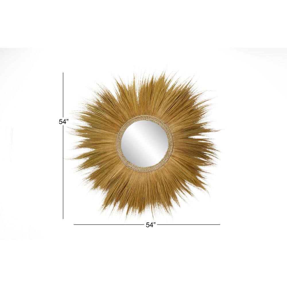 Golden Sunburst Round Decorative Wall Mirror with Grass Trim