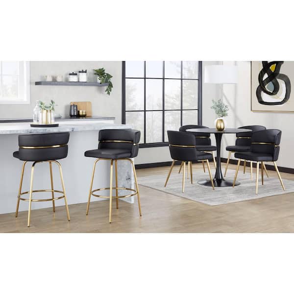 Cinch Claire 25.75 in. Black Faux Leather and Gold Metal Fixed-Height Counter Stool with Round Footrest (Set of 2)