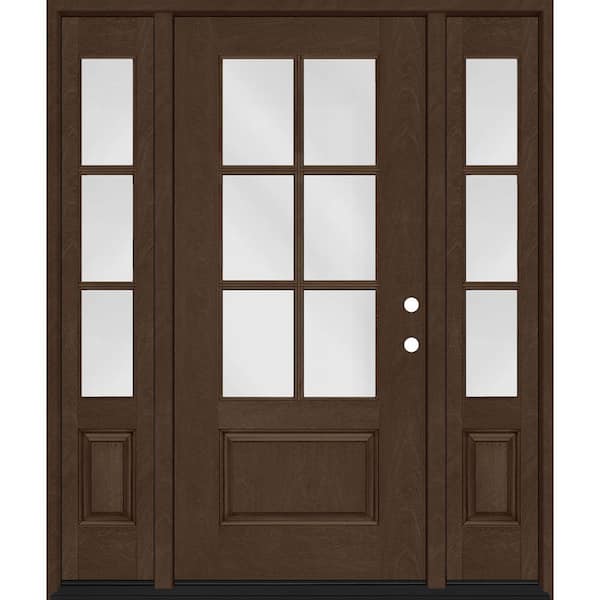 Regency 60 in. x 80 in. 3/4-6Lite Clear Glass LHIS Hickory Fiberglass Prehung Front Door w/Dbl 10in.SL & 8012NKL Lockset