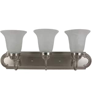 24 in. 3-Light Brushed Nickel Decorative Bathroom Vanity Light with Bell Shape Frosted Alabaster Glass Shades