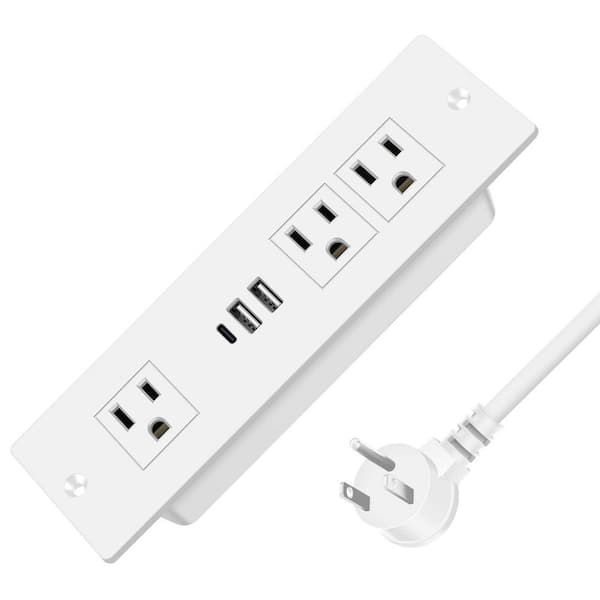 White 3-Outlet Recessed Power Strip, Furniture Drawer Outlet with 20W PD USB-C, Flush Mount 6 ft. Cord Desk Outlet