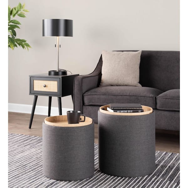 Tray Charcoal Fabric and Natural Wood Nesting Ottoman Set