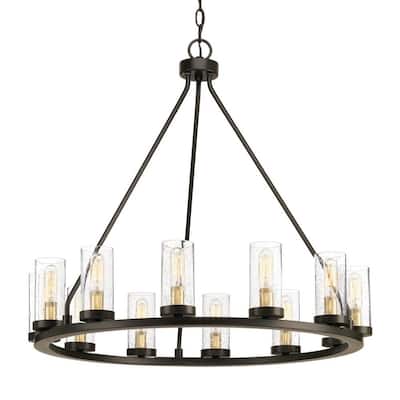 Hartwell 27 in. 12-Light Antique Bronze Farmhouse Wagon Wheel Chandelier with Clear Seeded Glass and Brass Accents