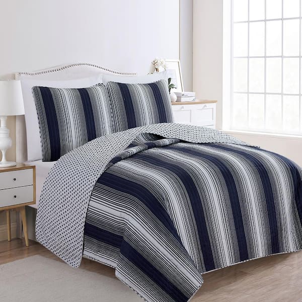 FRESHFOLDS Navy Full/Queen Premium Striped 3-Piece Microfiber Quilt Set Bedspread