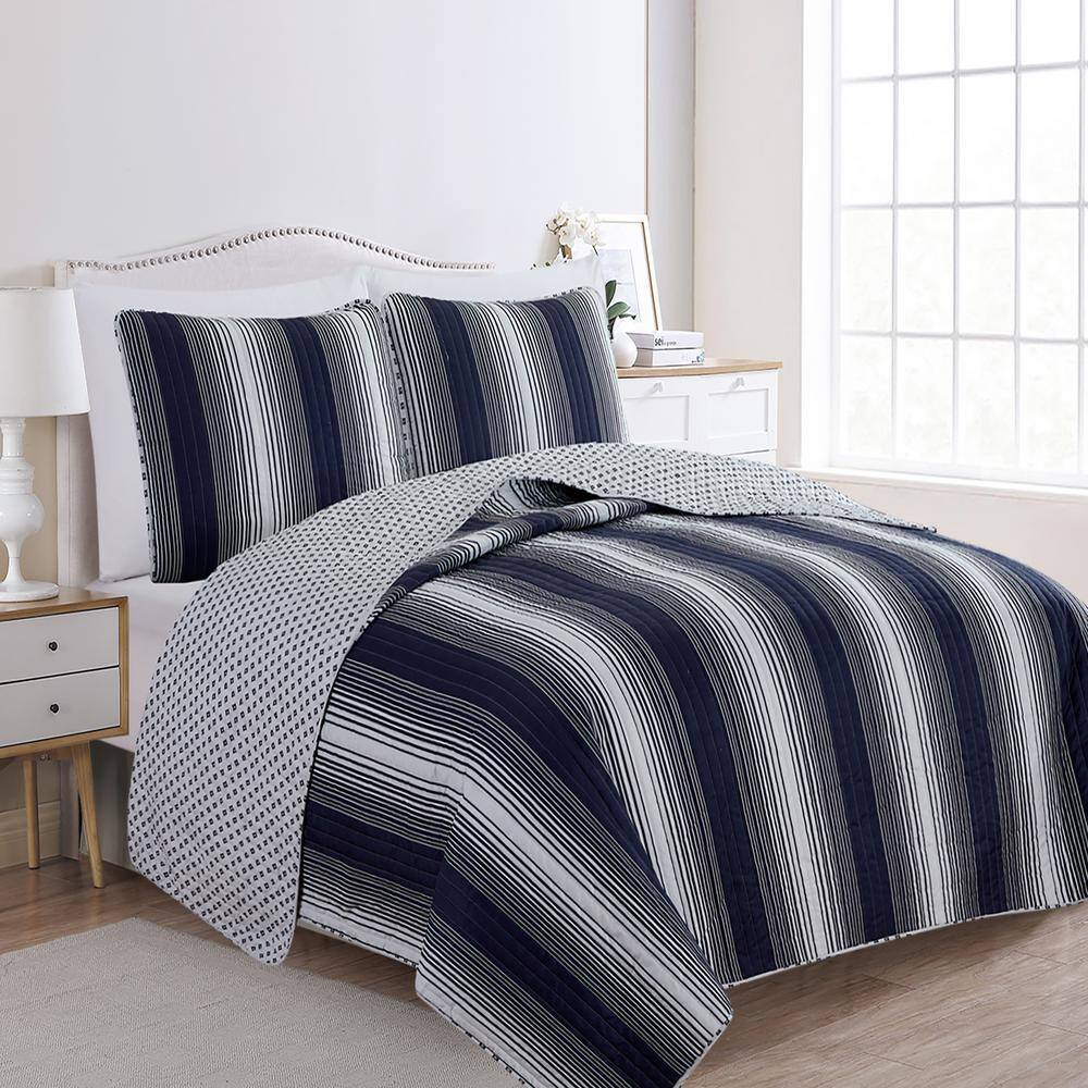 FRESHFOLDS Navy Full/Queen Premium Striped 3Piece Microfiber Quilt Set