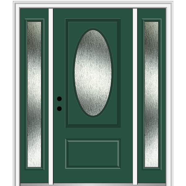 MMI Door 60 in. x 80 in. Right-Hand Inswing Rain Glass Hunter Green Fiberglass Prehung Front Door on 4-9/16 in. Frame