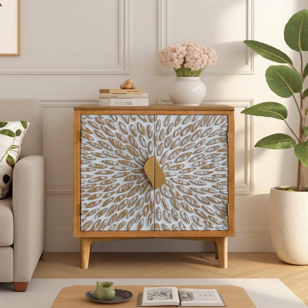 Natural 32.5 in. H Modern Farmhouse Wood Accent Cabinet With 2-Door