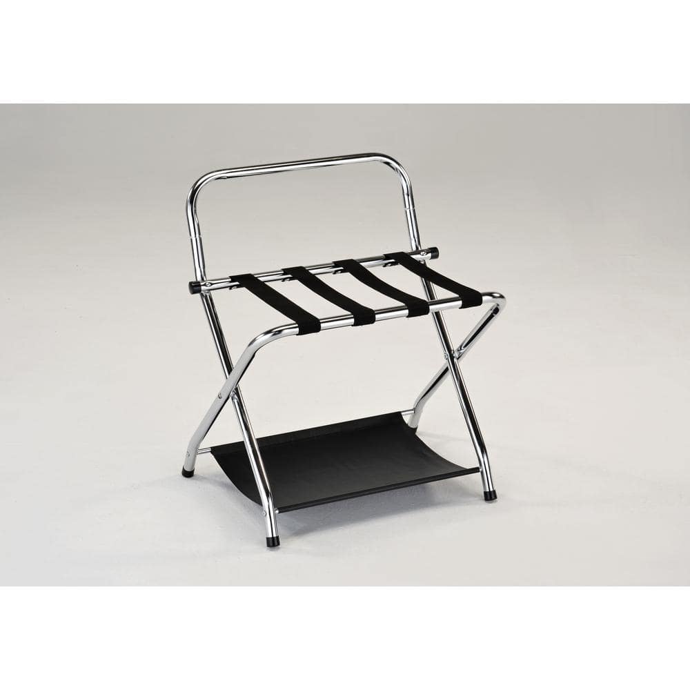 Chrome Folding Luggage Rack with Black Nylon Straps and Storage Shelf