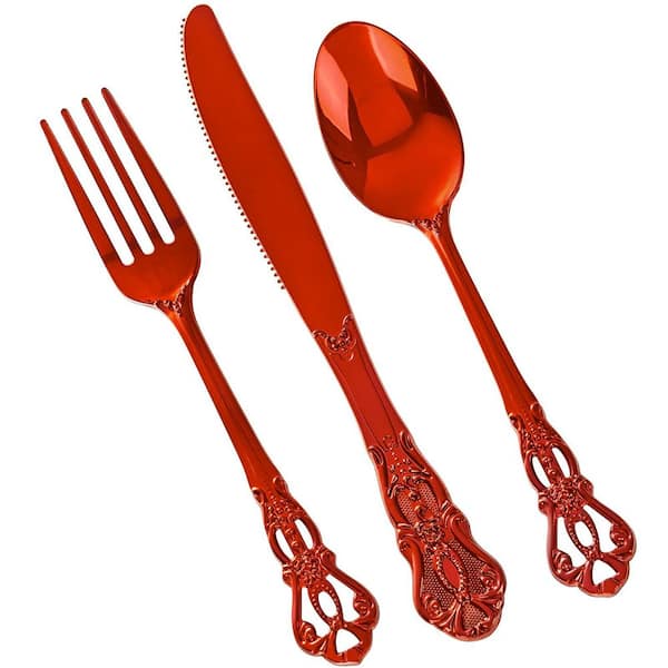 150-Piece Retro Plastic Disposable Silverware Set, Elegant Disposable Utensils, Red Cutlery Sets for Christmas Party