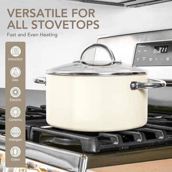 Ceramic Stock Pot with Lid, 5 qt. Nonstick Cooking Pot, Cream